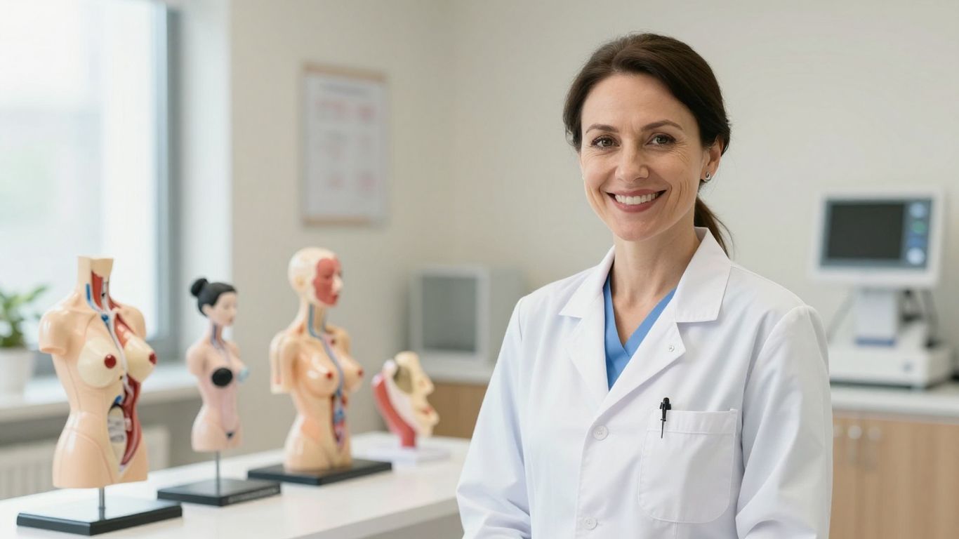 Europäische Ärztin in heller Klinik mit Brustmodellen