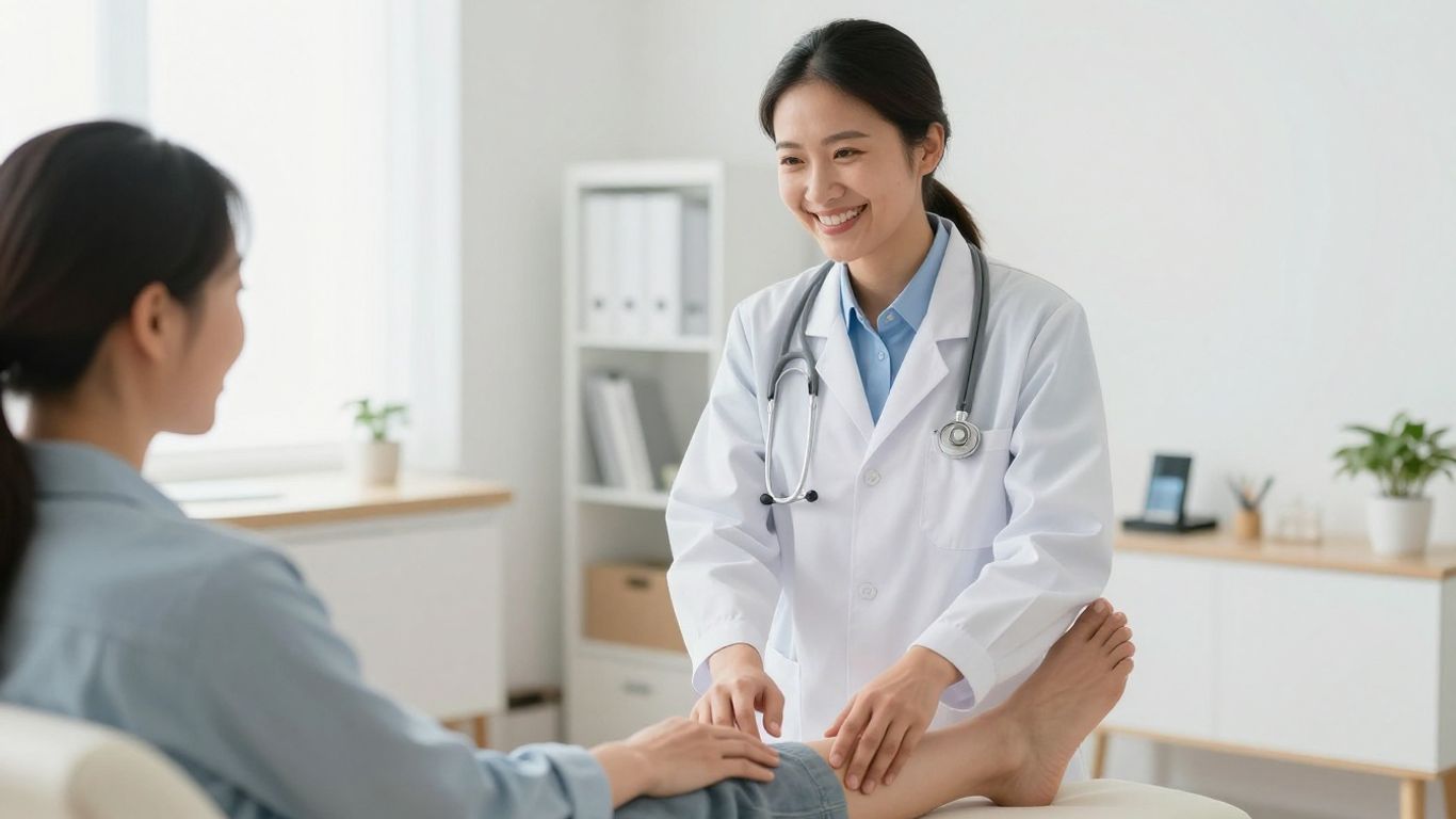 Arzt lächelt, Patientin wird behandelt, helle Praxis