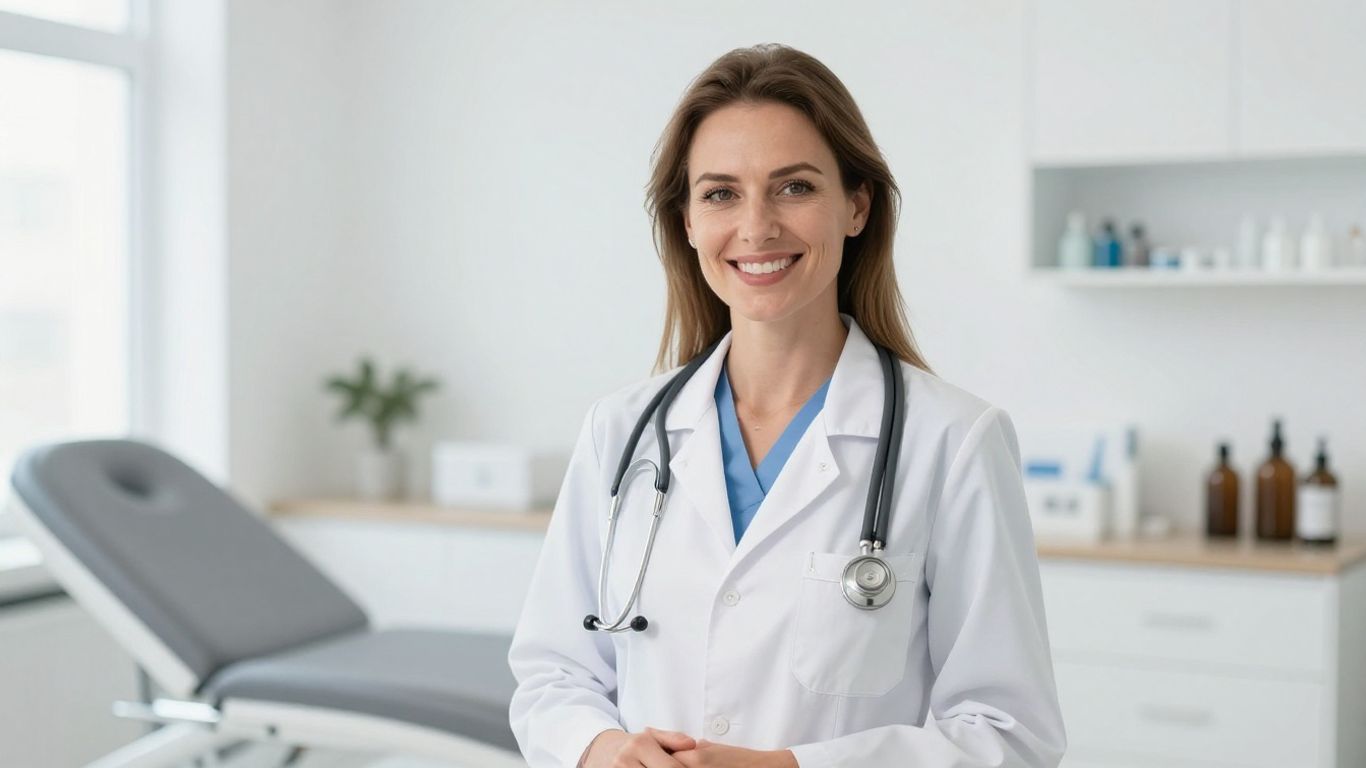 Arzt lächelt in heller, moderner Klinikumgebung.