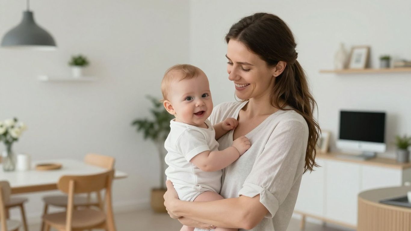 Frau mit Baby in hellem Zuhause