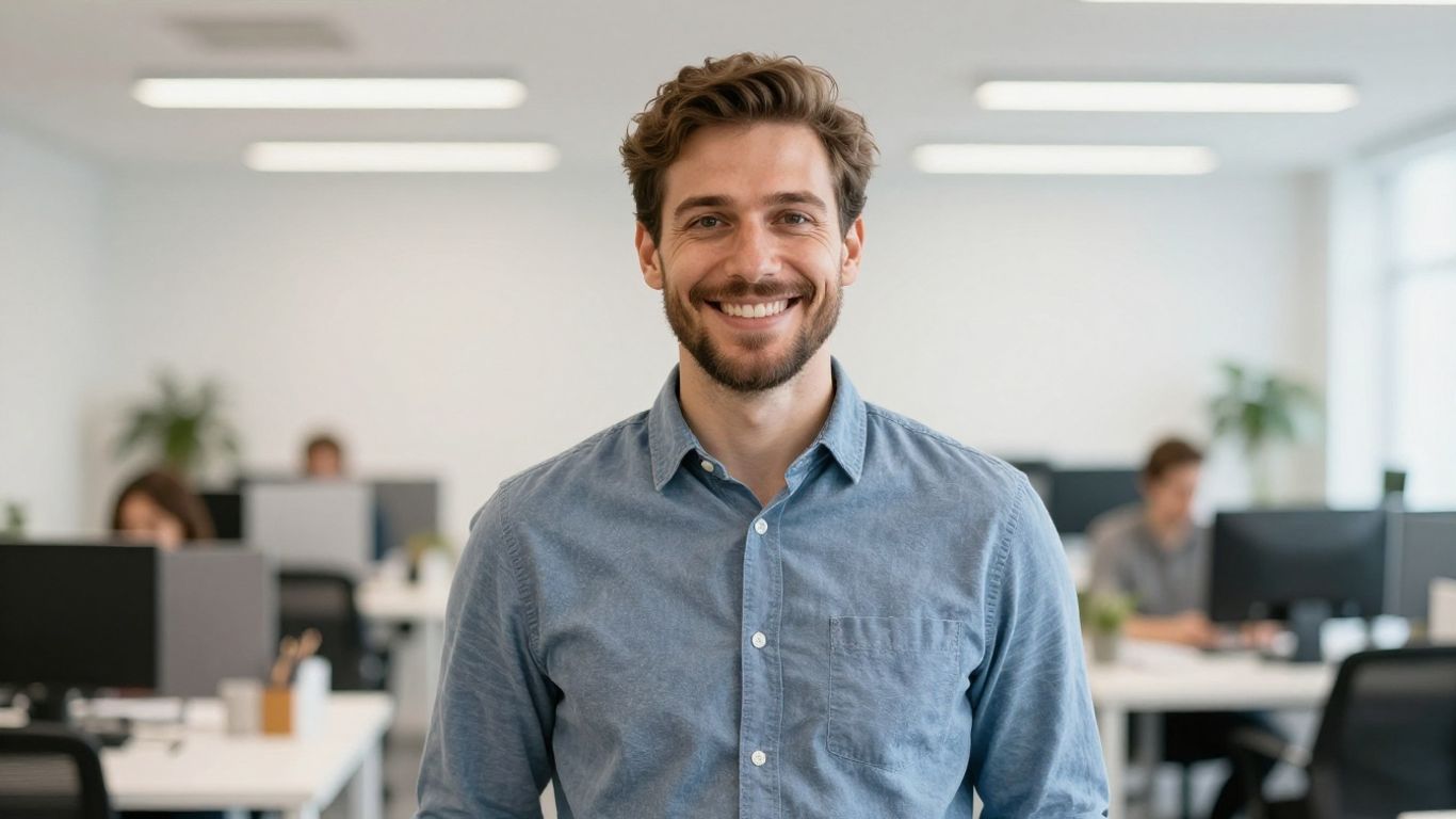 Lächelnde Person in hellem, modernem Umfeld