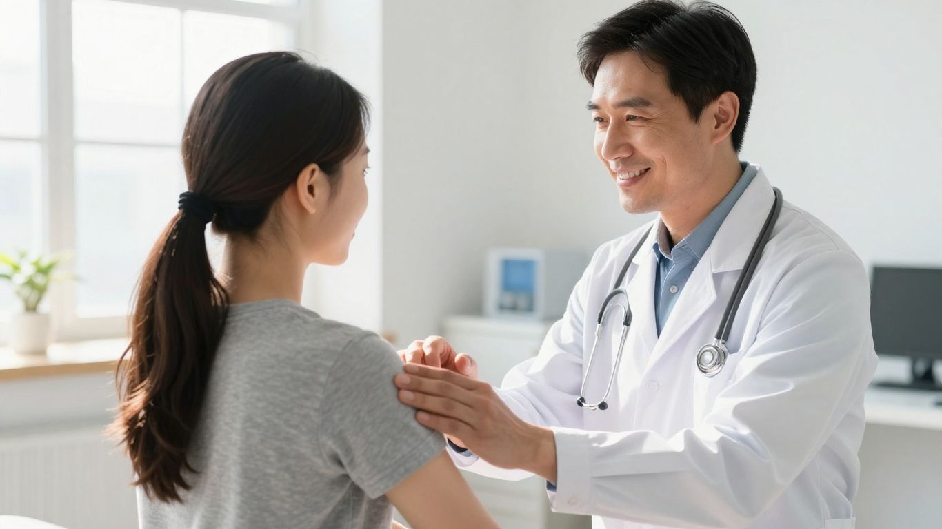 Arzt lächelt bei Physiotherapie-Übung mit Patient
