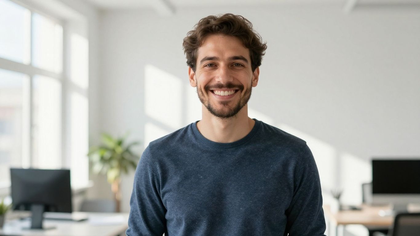 Lächelnde Person in hellem, modernem Umfeld