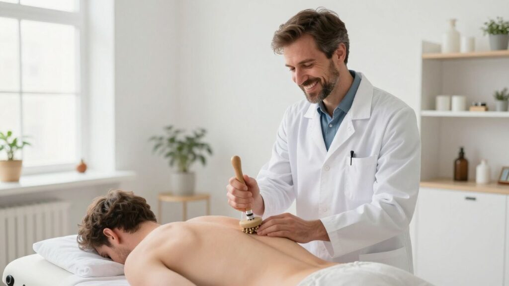 Arzt lächelt, hält Massagewerkzeug, helle Umgebung.