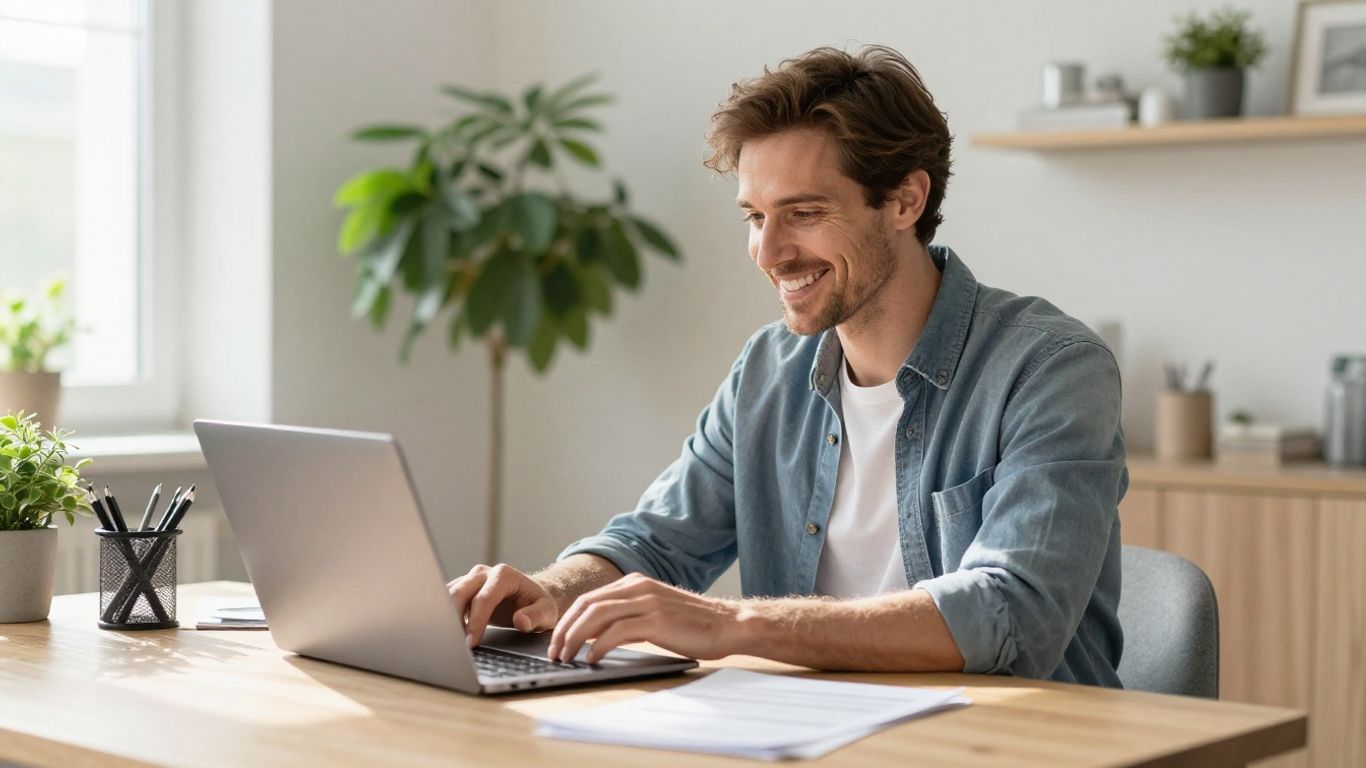 Lächelnde Person arbeitet am Laptop in heller Wohnung.