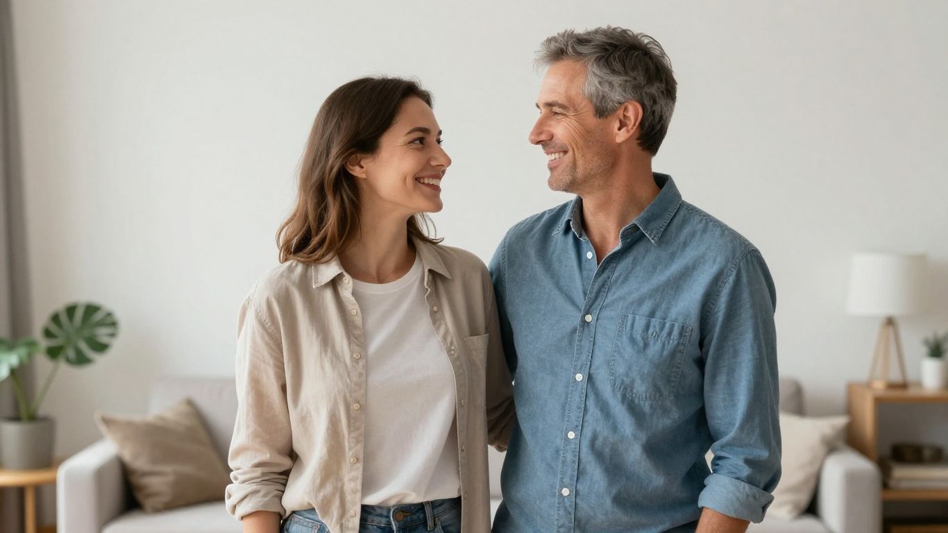Glückliches Paar in hellem Wohnzimmer
