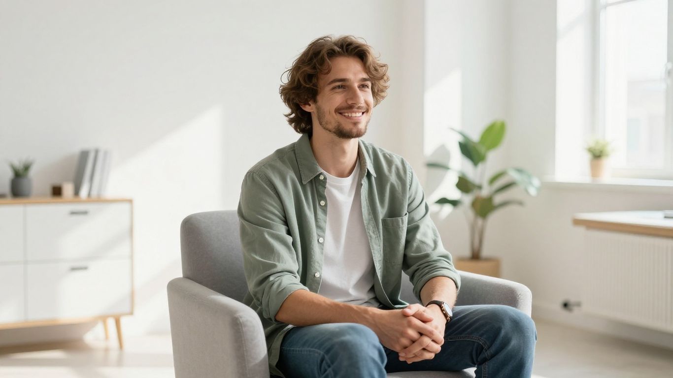 Lächelnde Person in hellem Therapieraum