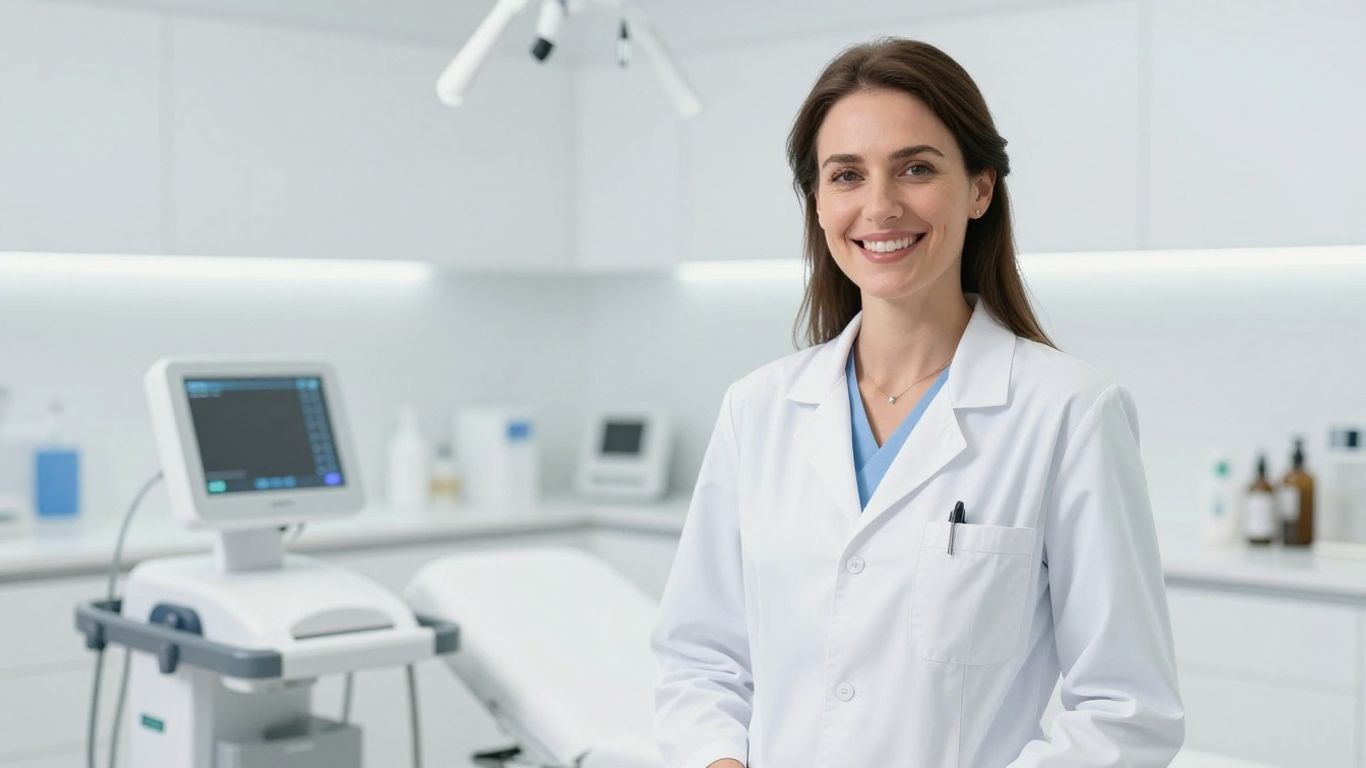 Arzt lächelt in heller, moderner Klinikumgebung.