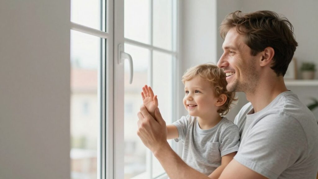 Eltern und Kind lächeln in hellem, modernem Zuhause