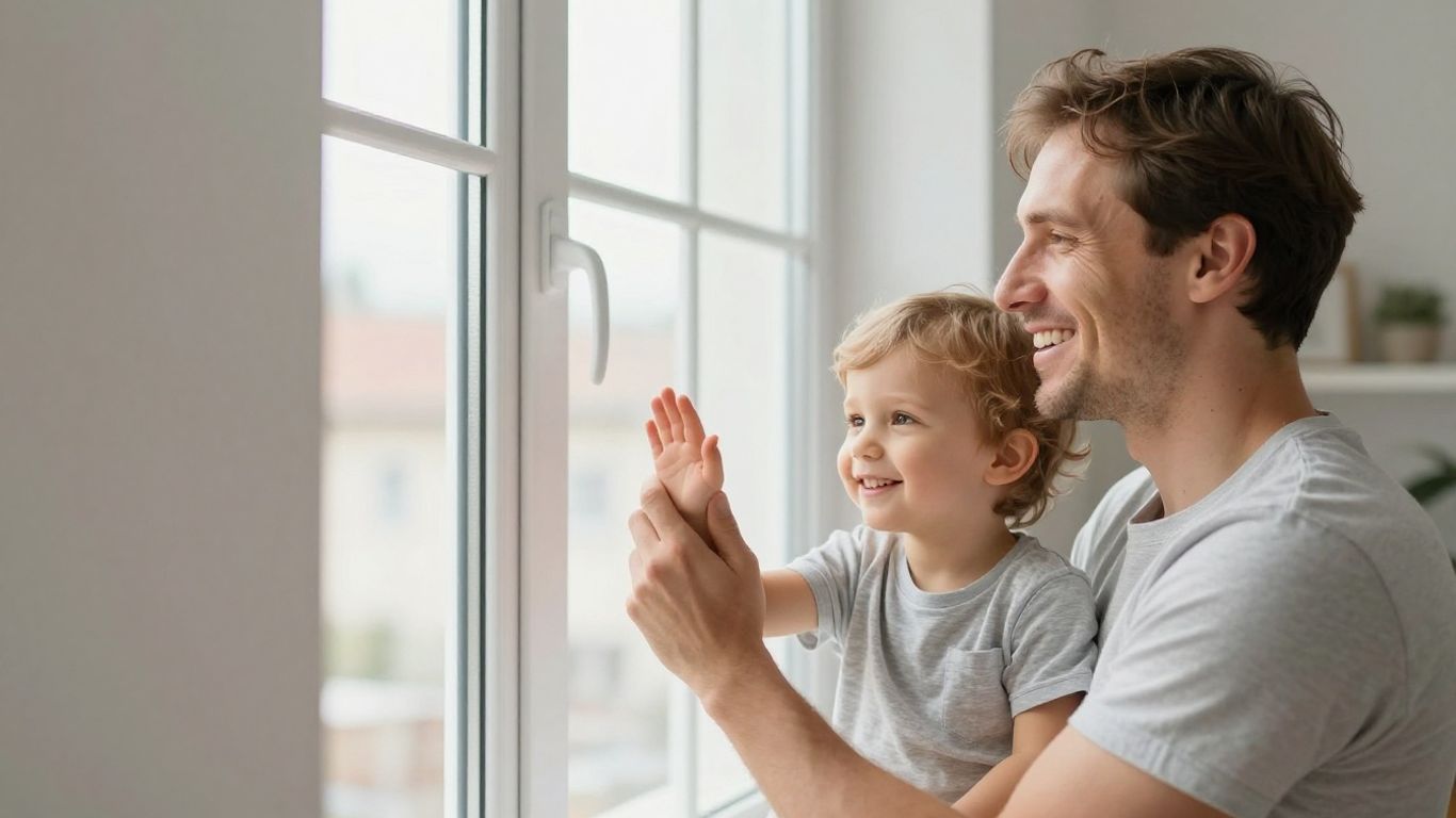 Eltern und Kind lächeln in hellem, modernem Zuhause