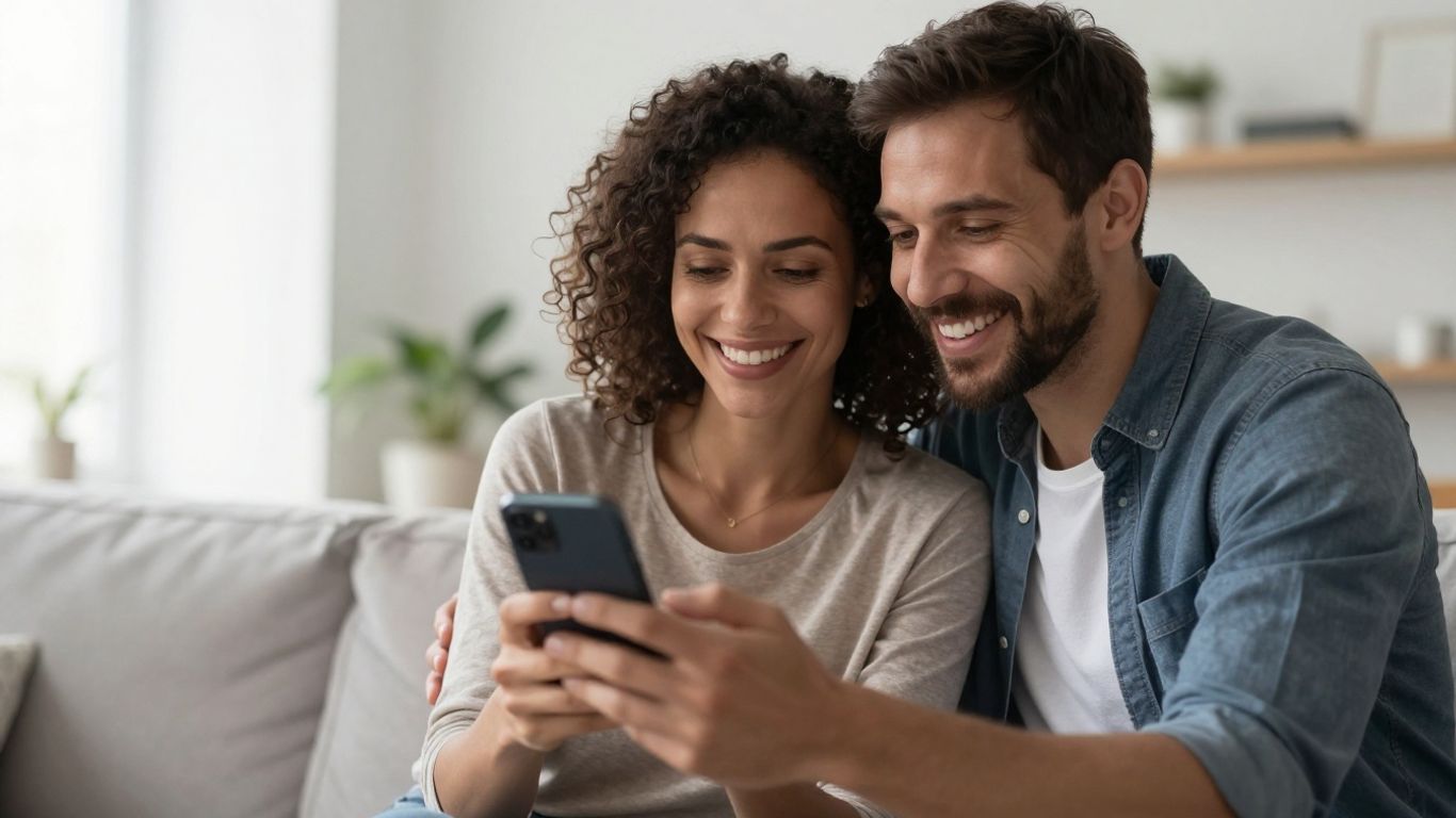 Glückliches Paar nutzt Smartphone in modernem Zuhause