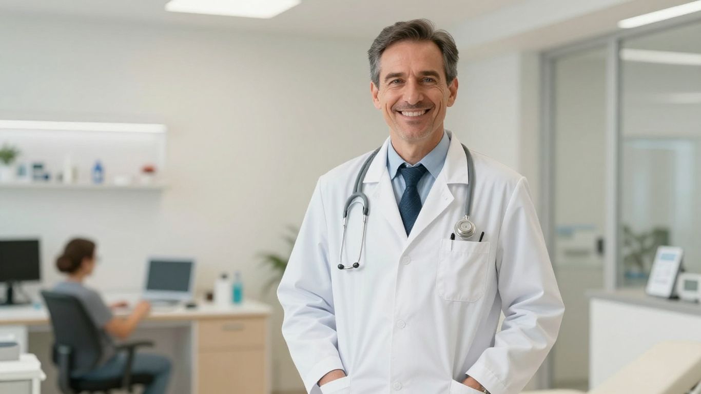 Arzt lächelt während Ballon-Angioplastie am Oberschenkel