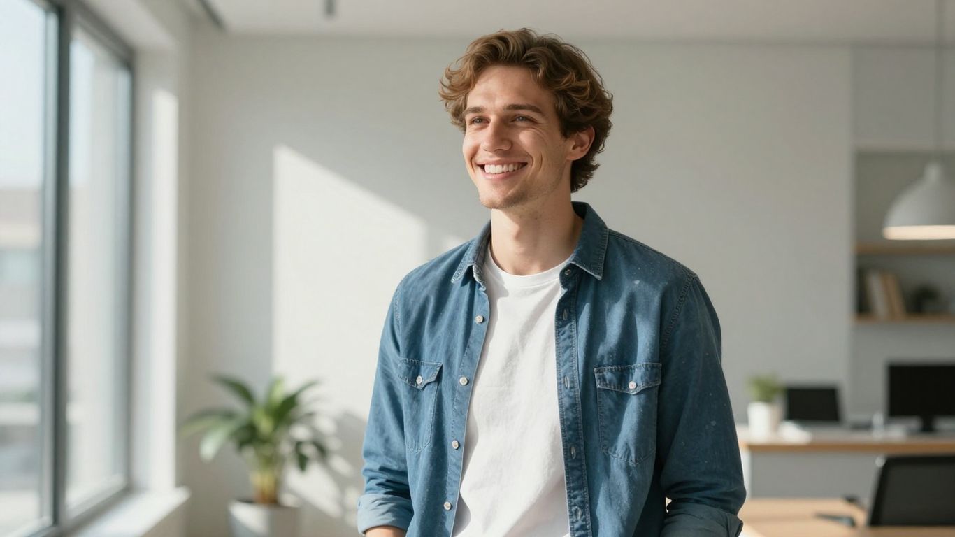 Lächelnde Person in hellem, modernem Umfeld