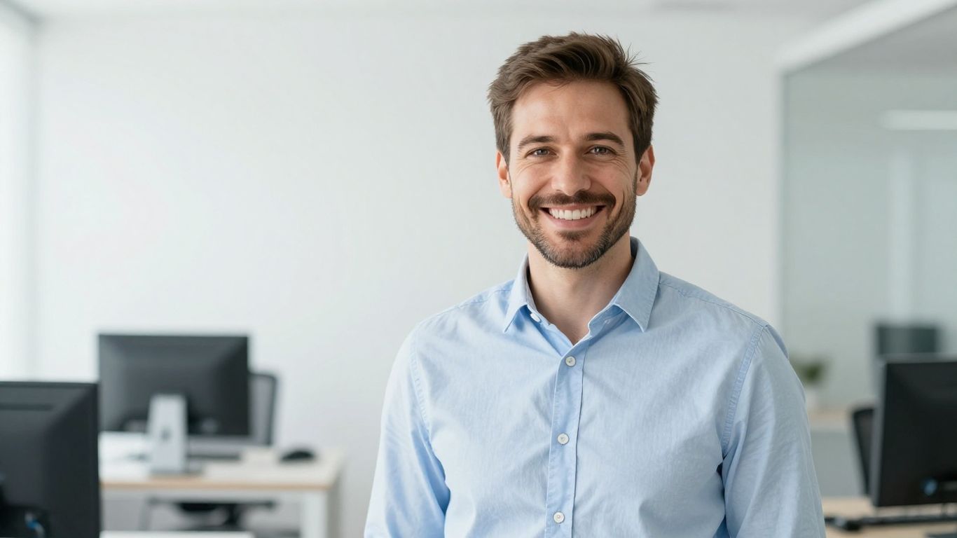 Lächelnde Person in hellem, modernem Umfeld