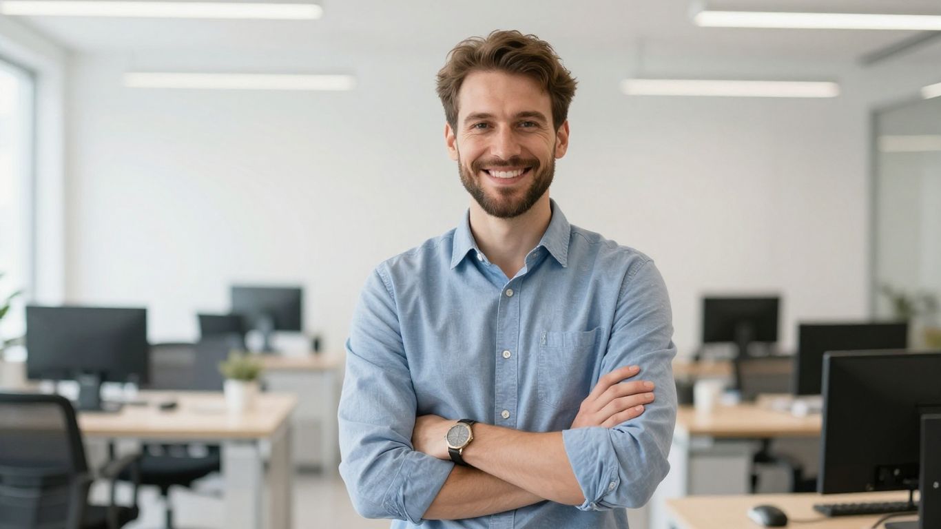 Freiberufler lächelt in modernem Büro