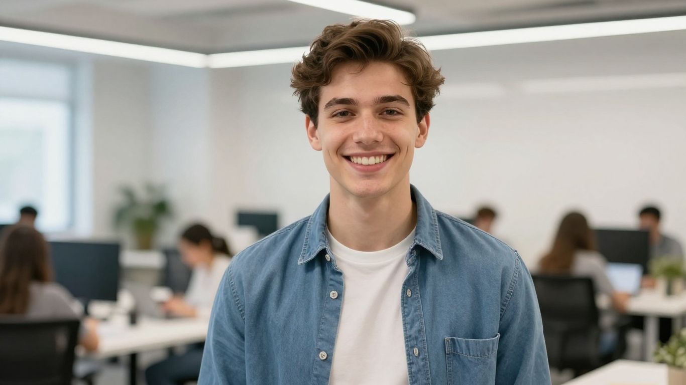 Student lächelt in hellem, modernem Umfeld