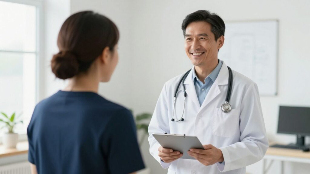 Arzt lächelt in heller Umgebung bei Rückenschmerztherapie.