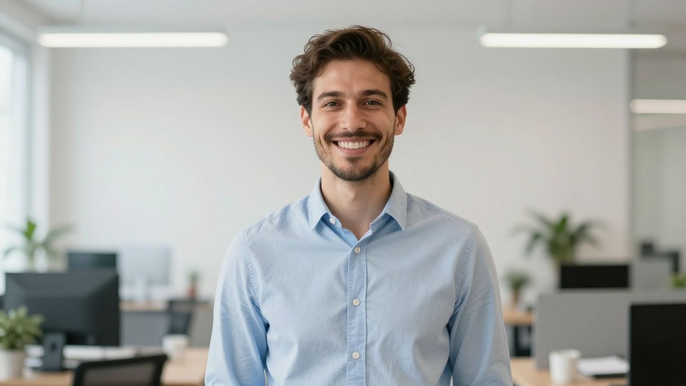 Lächelnde Person in hellem, modernem Umfeld