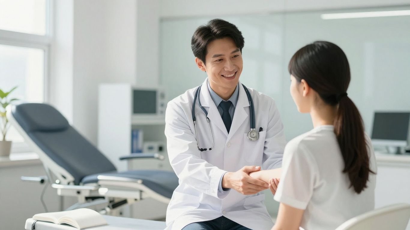 Arzt lächelt in heller Umgebung bei Physiotherapie