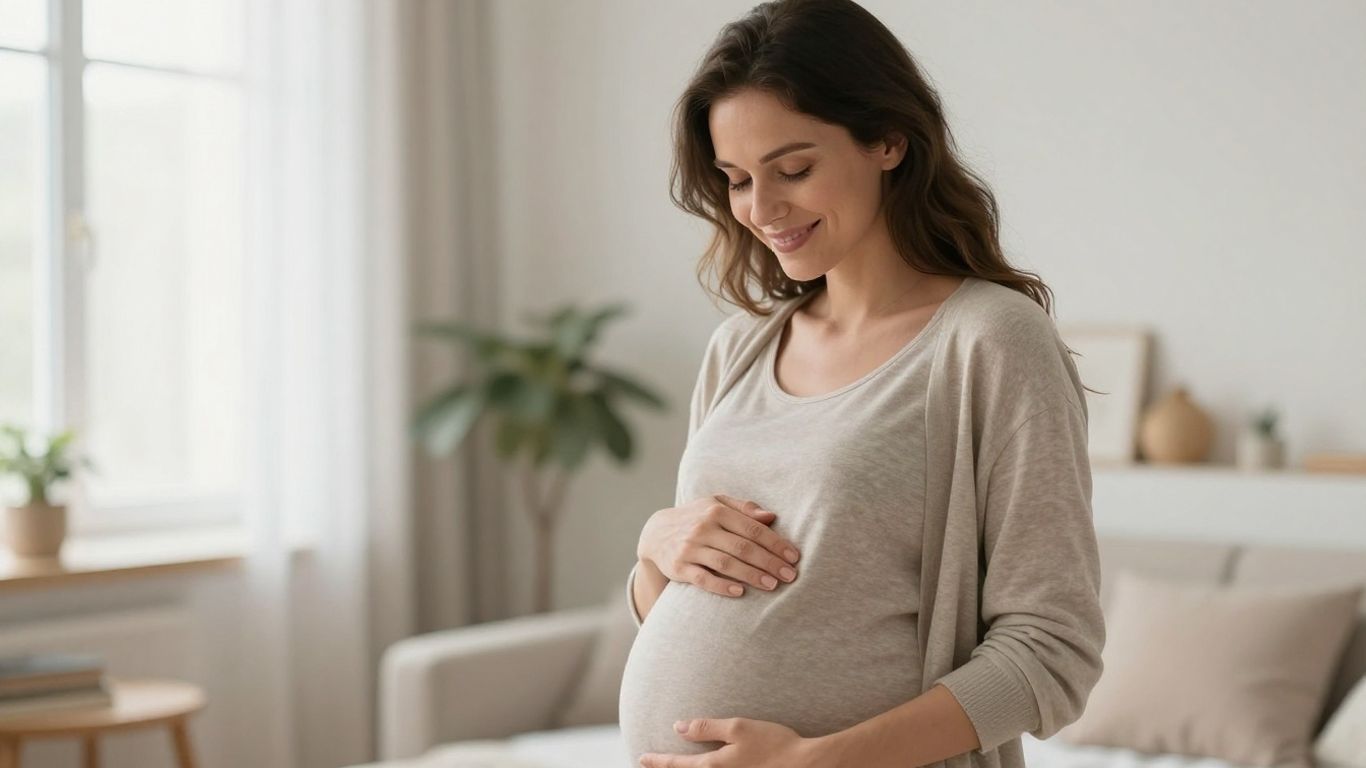Schwanger Frau hält ihren Bauch in heller Umgebung