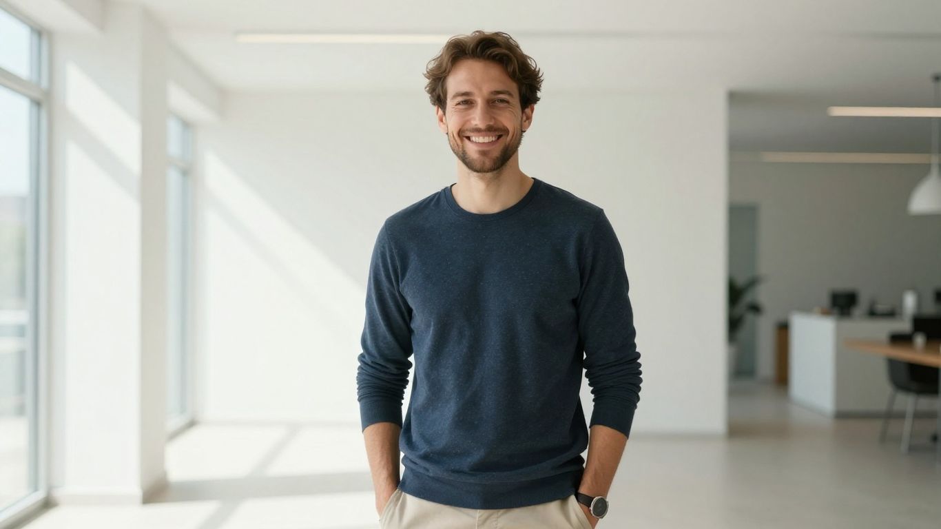 Lächelnde Person in hellem, modernem Umfeld