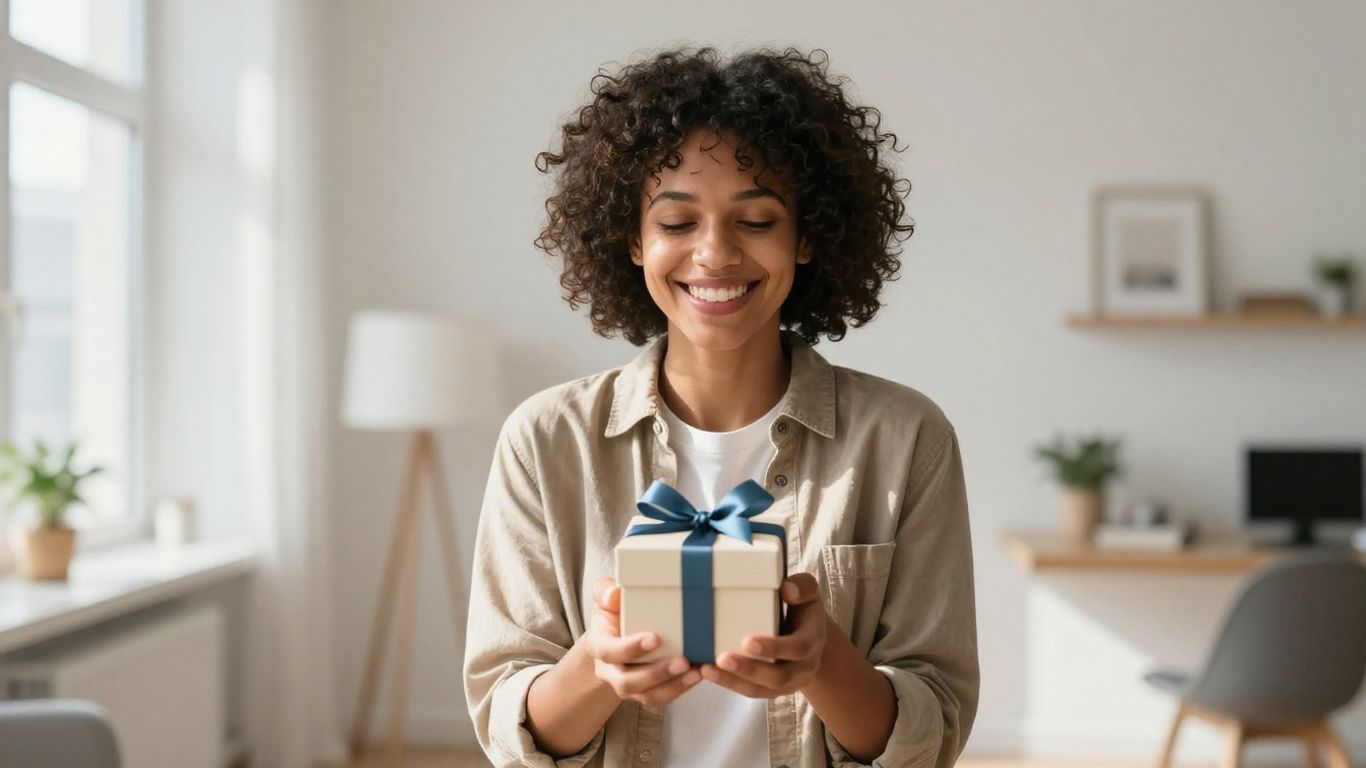 Glückliche Person mit Geschenkbox in hellem Raum