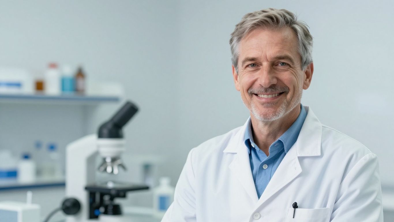 Arzt lächelt in heller Laborumgebung