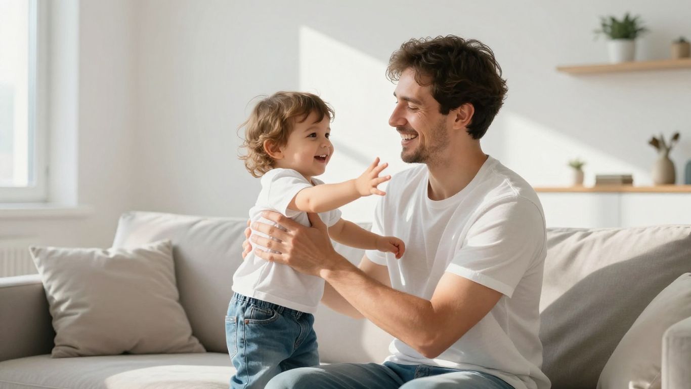 Glückliche Familie in hellem Wohnzimmer