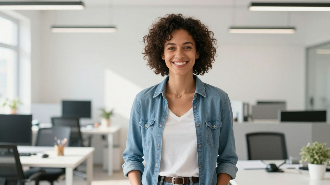 Europäische Person lächelt in hellem, modernem Büro.