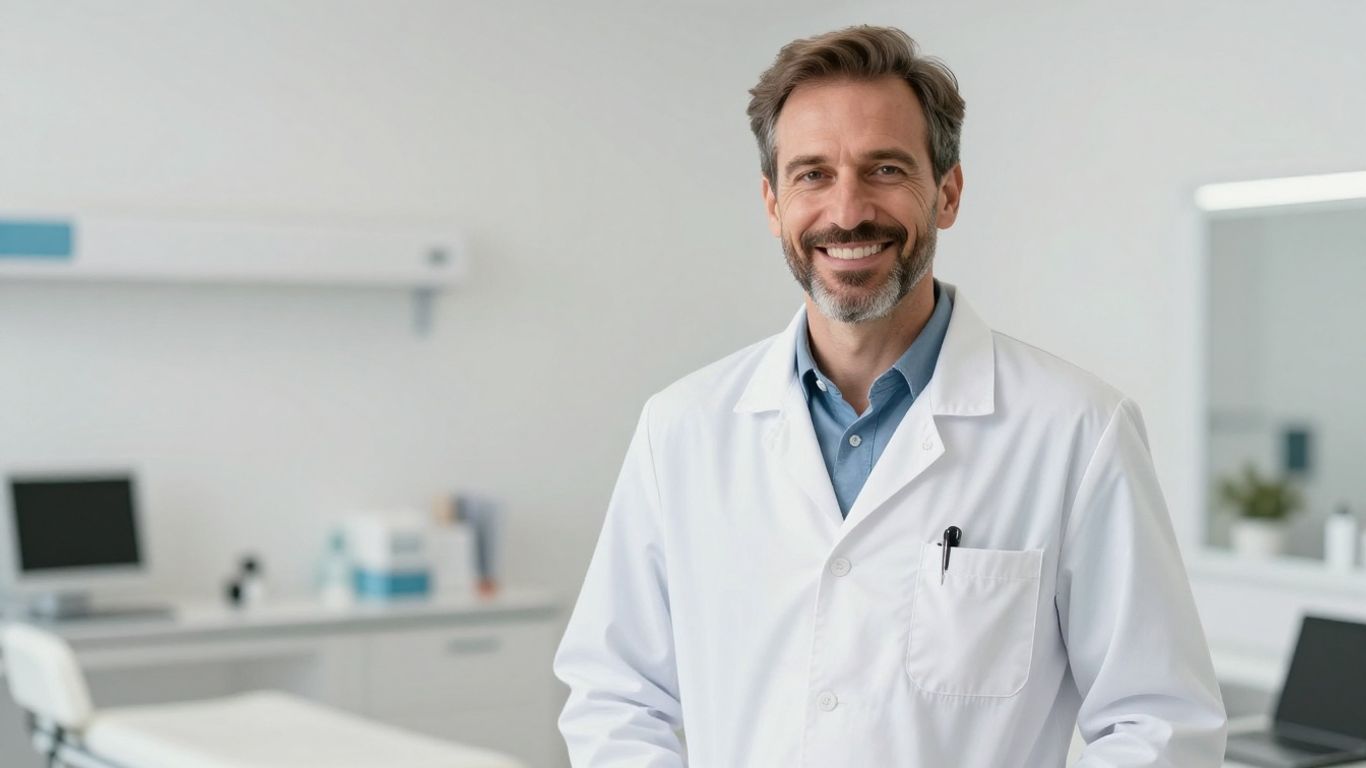 Arzt lächelt in heller medizinischer Umgebung.