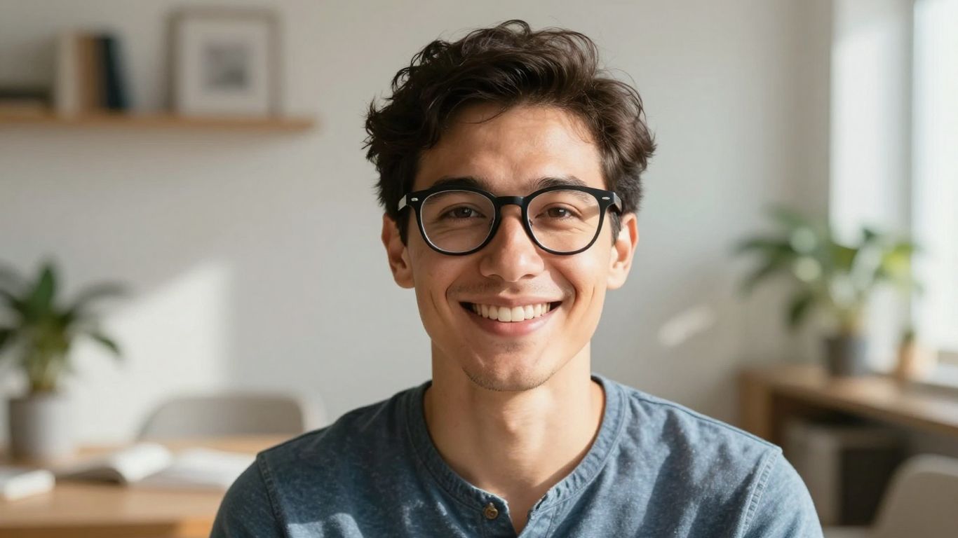 Lachende Person mit Brille im hellen Raum