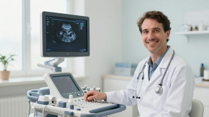 Europäischer Arzt mit Ultraschallgerät, freundliches Herzuntersuchungszimmer.