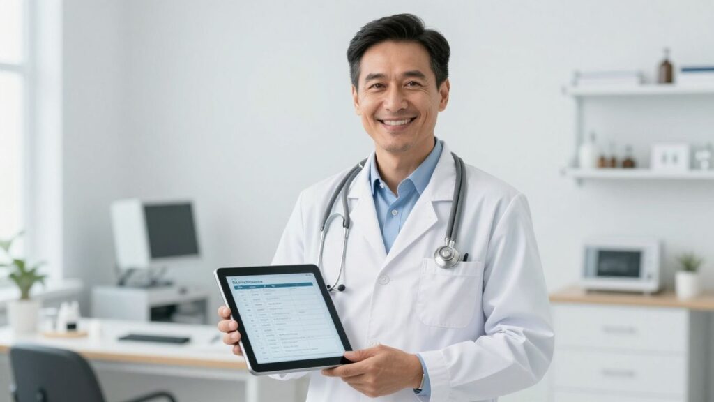 Arzt lächelt mit Medikamentenliste auf Tablet.