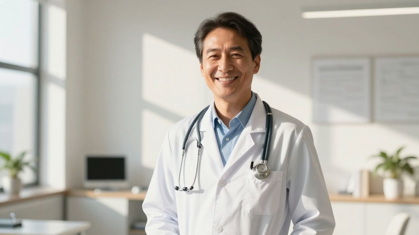 Arzt lächelt in heller Umgebung, psychische Gesundheit
