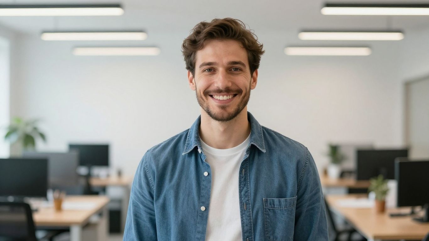 Lächelnde Person in hellem, modernem Umfeld