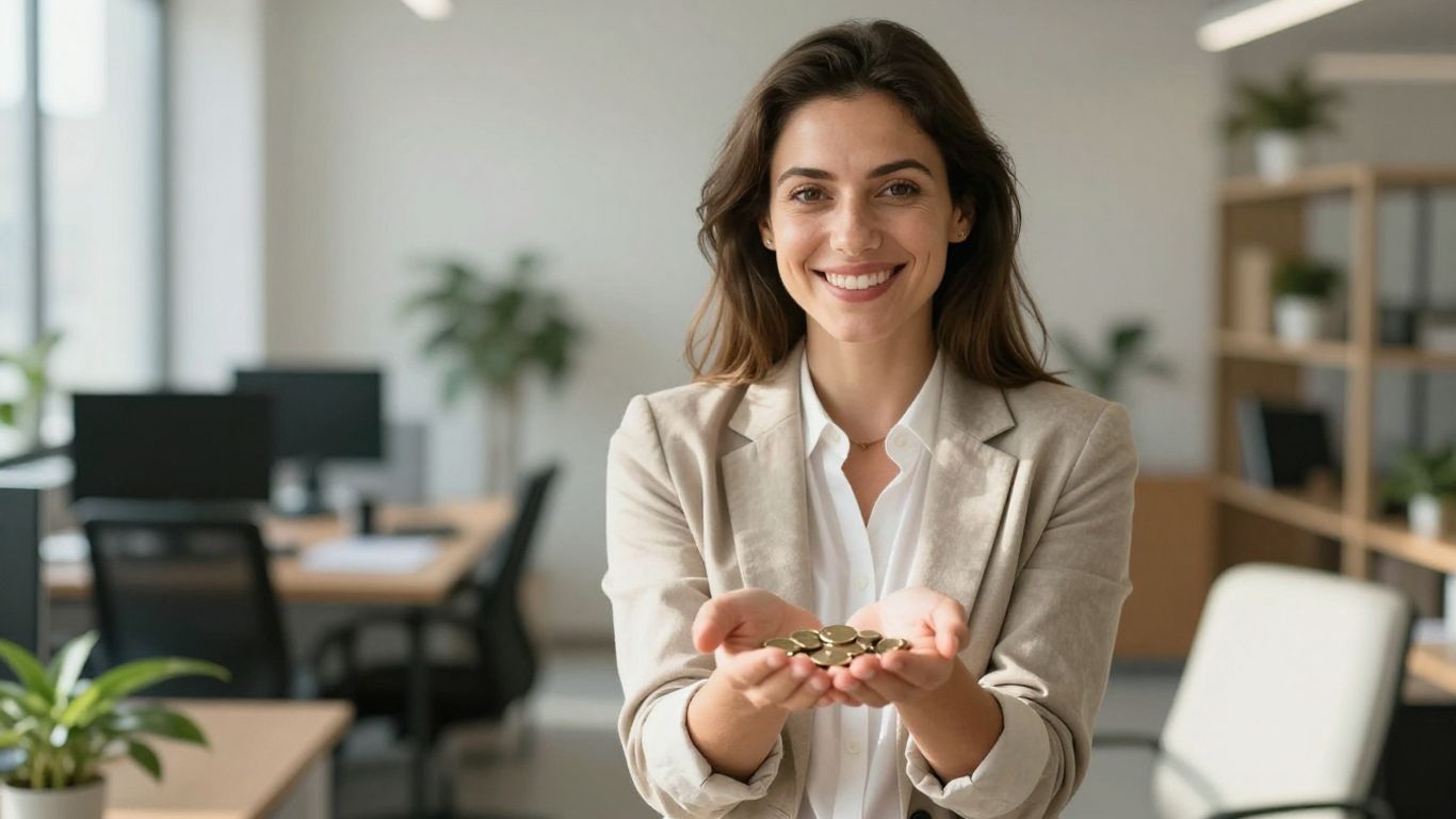 Frau mit Münzen in der Hand, lächelnd