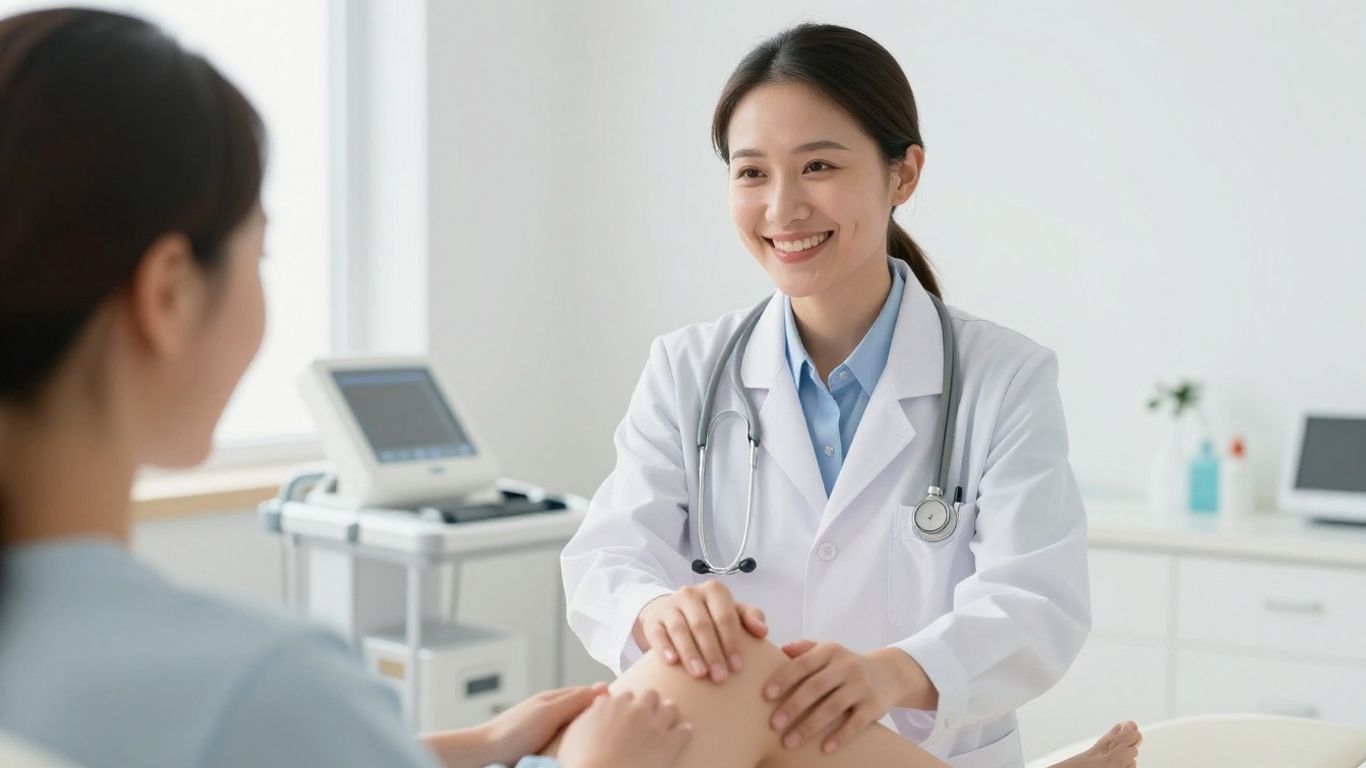 Arzt massiert Bein eines Patienten in heller Praxis