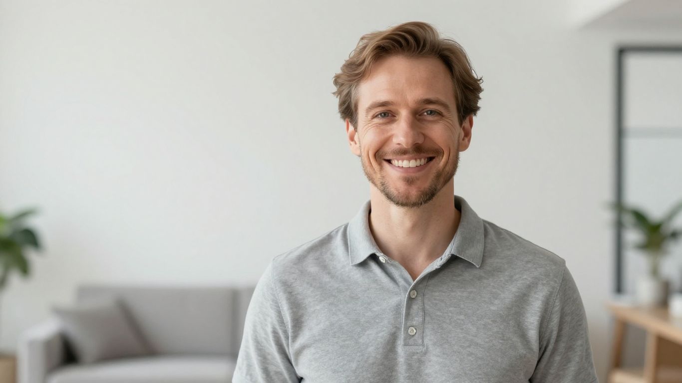Lächelnde Person in hellem, modernem Raum