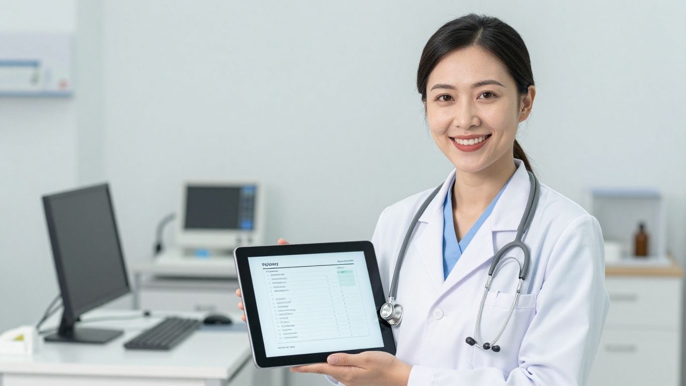 Arzt lächelt mit Tablet und Medikationsplan