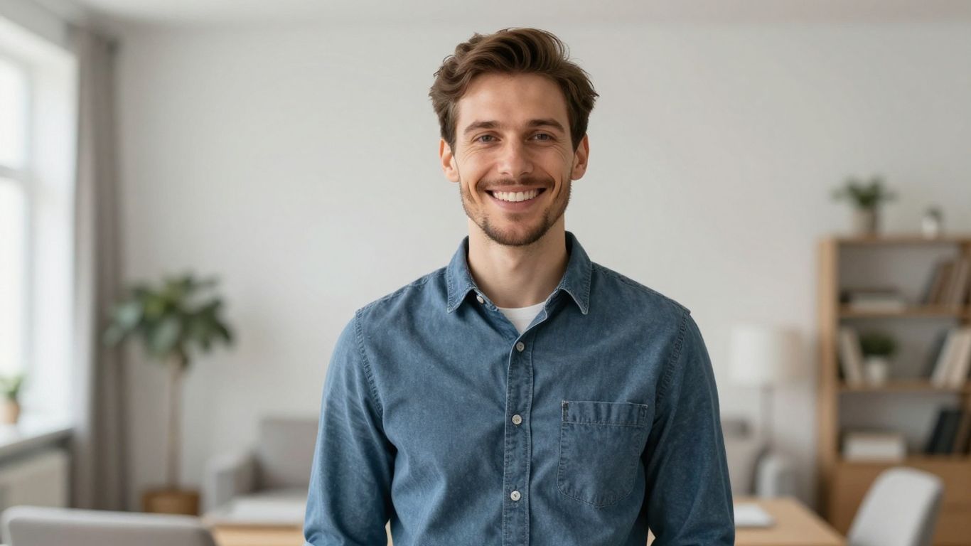 Lächelnde Person in heller, moderner Umgebung