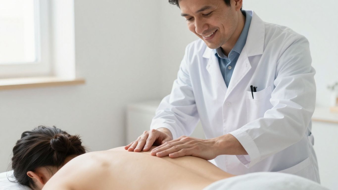 Arzt massiert Rücken eines Patienten zur Schmerzlinderung.