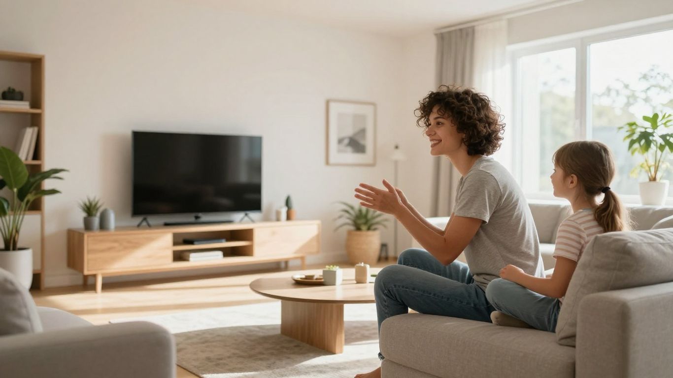 Glückliche Familie in hellem Wohnzimmer