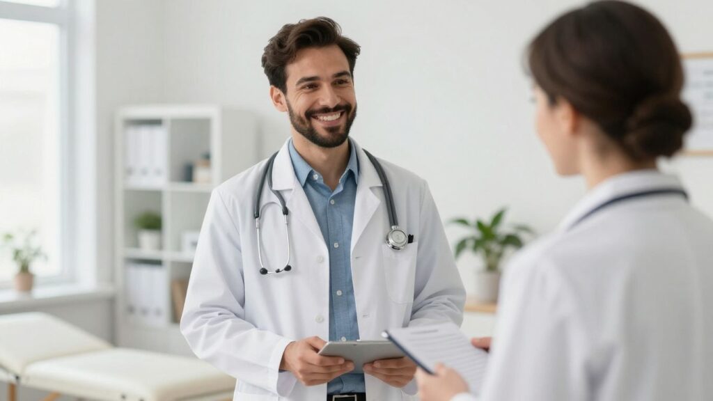 Arzt lächelt in heller Umgebung bei Stimm- und Sprachtherapie.