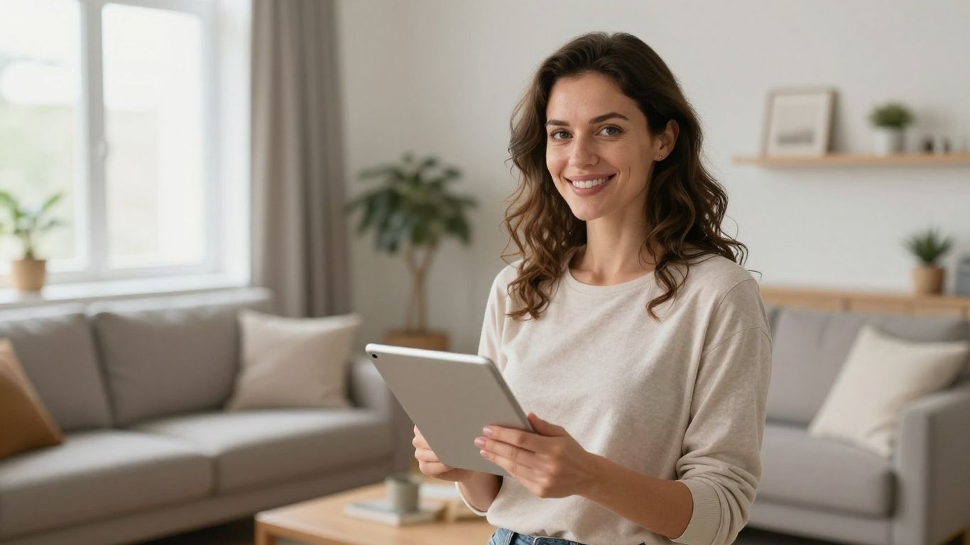 Junge Familie in hellem Wohnzimmer mit Tablet