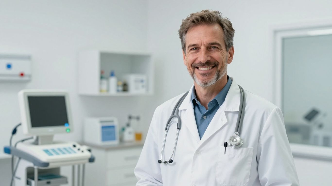 Arzt lächelt in heller, moderner Klinikumgebung.