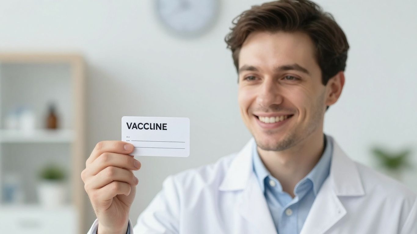 Person hält Impfpass in heller Praxis
