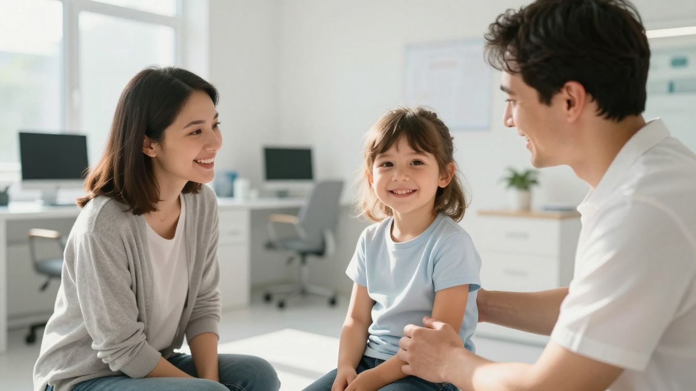 Eltern und Kind bei Vorsorgeuntersuchung