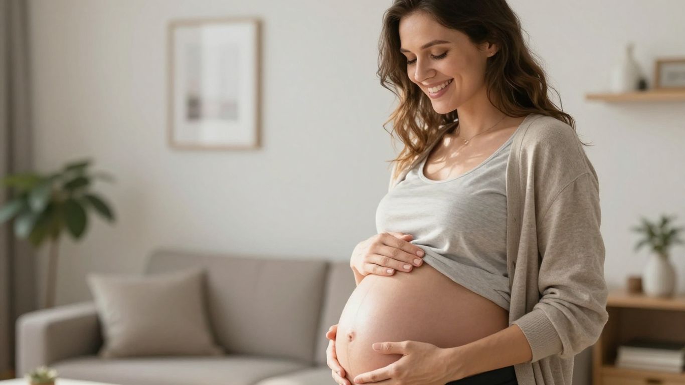 Schwangere Frau hält ihren Bauch in heller Umgebung