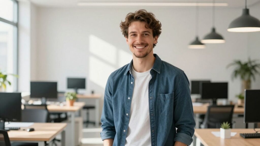 Lächelnde Person in hellem, modernem Büro