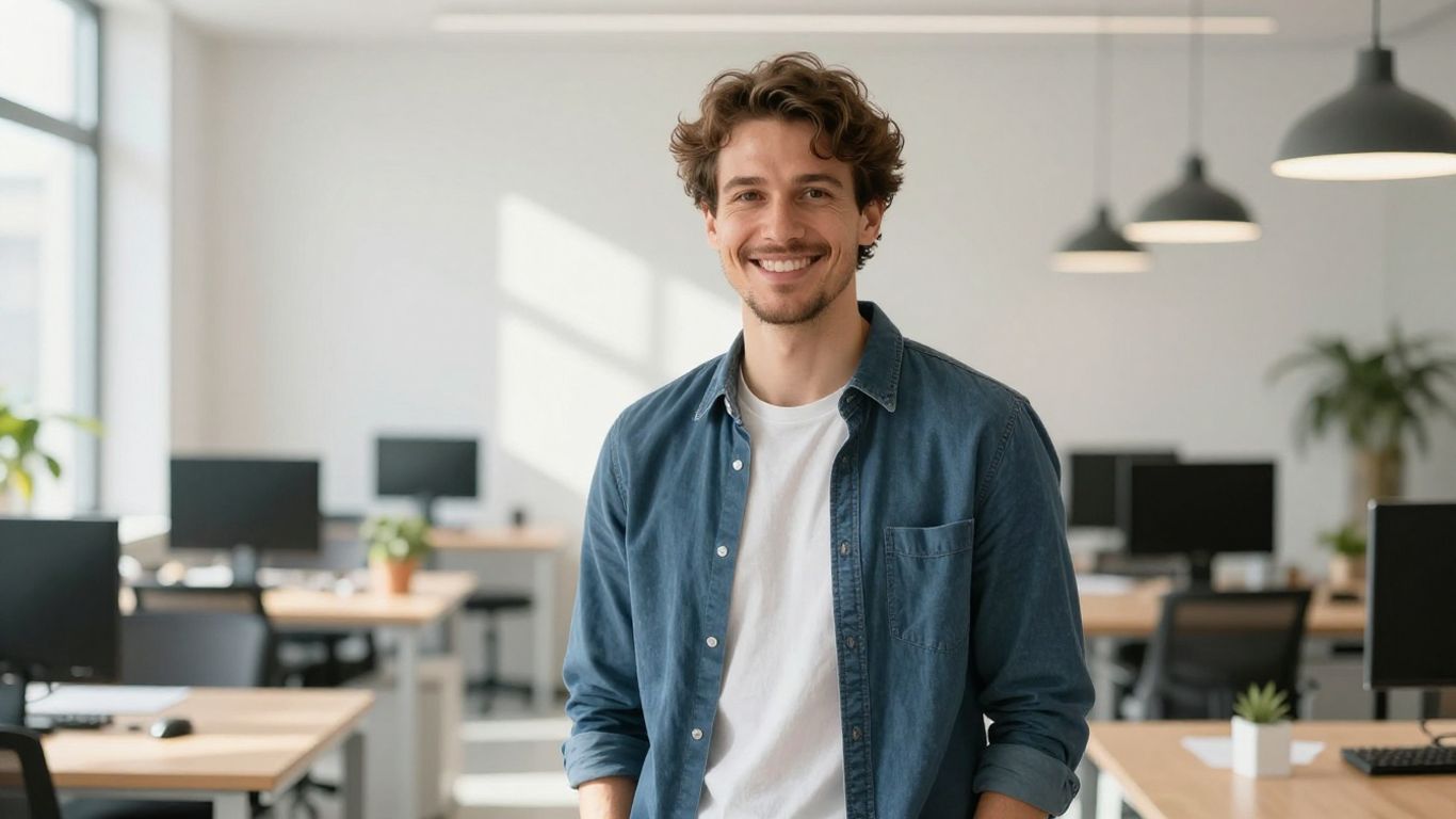 Lächelnde Person in hellem, modernem Büro